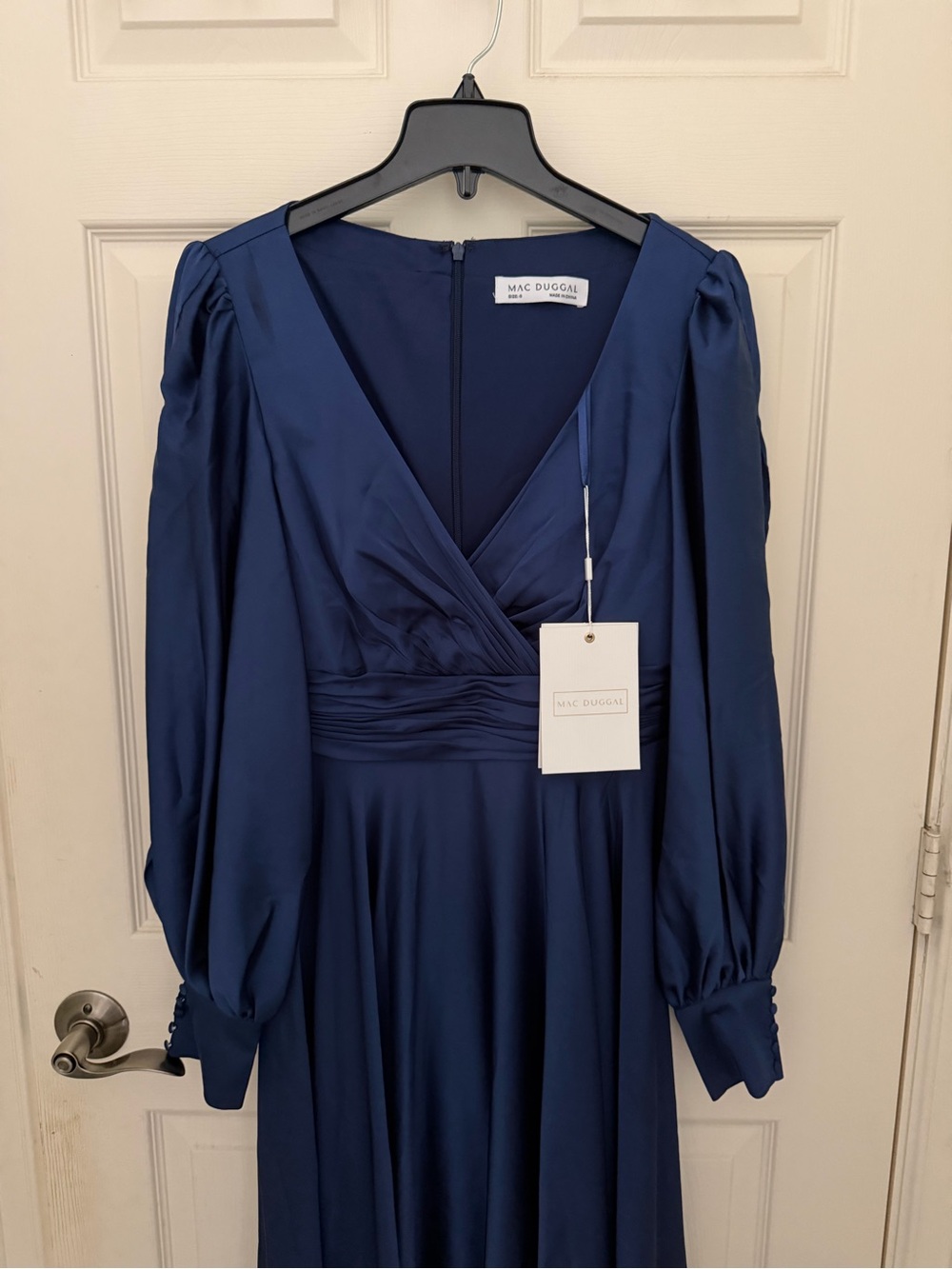 Mac Duggal Deep Navy V-Neck Long Sleeve Maxi Dress